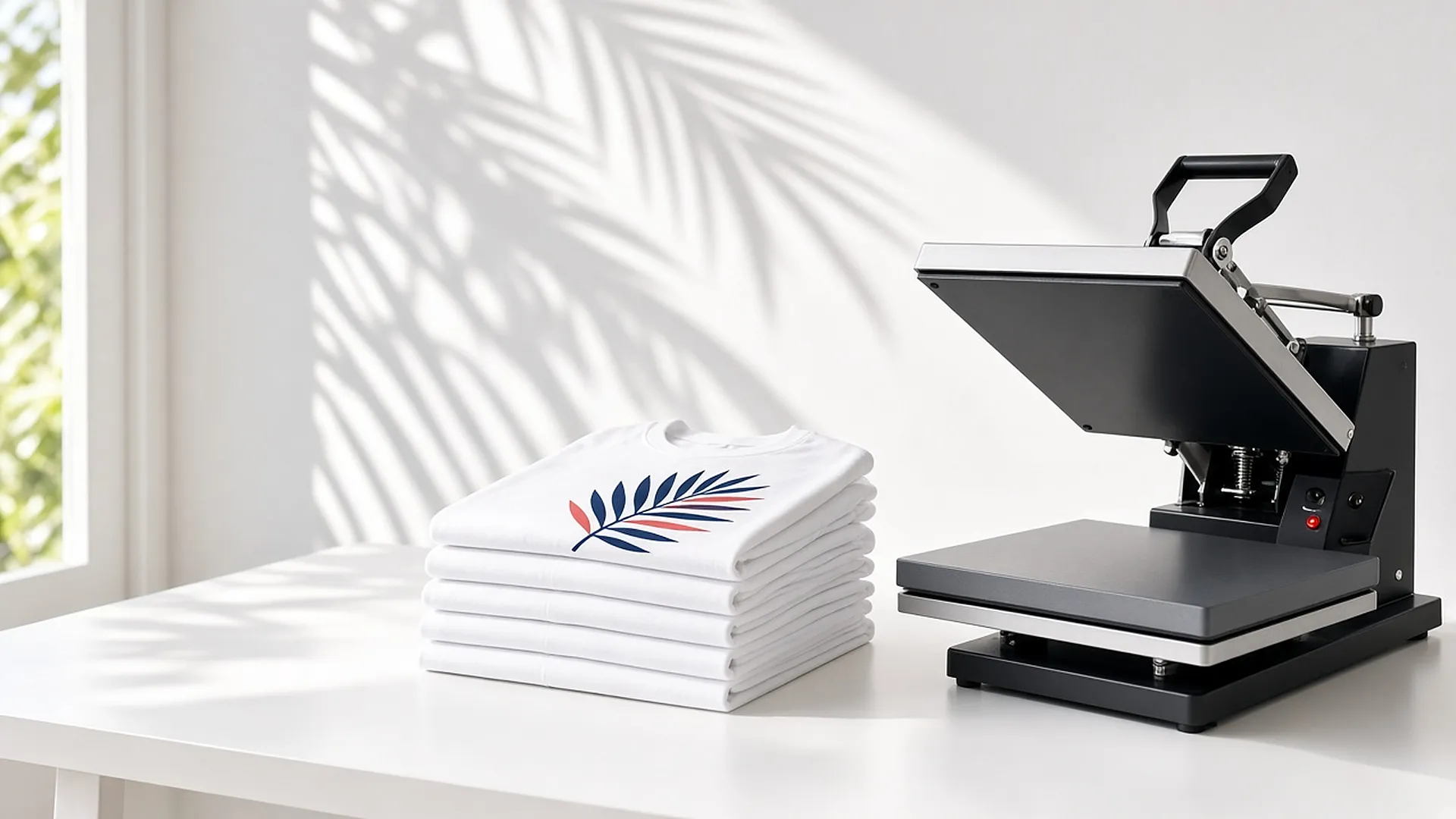 Folded white t-shirts with a palm-leaf print beside a heat press in a bright studio