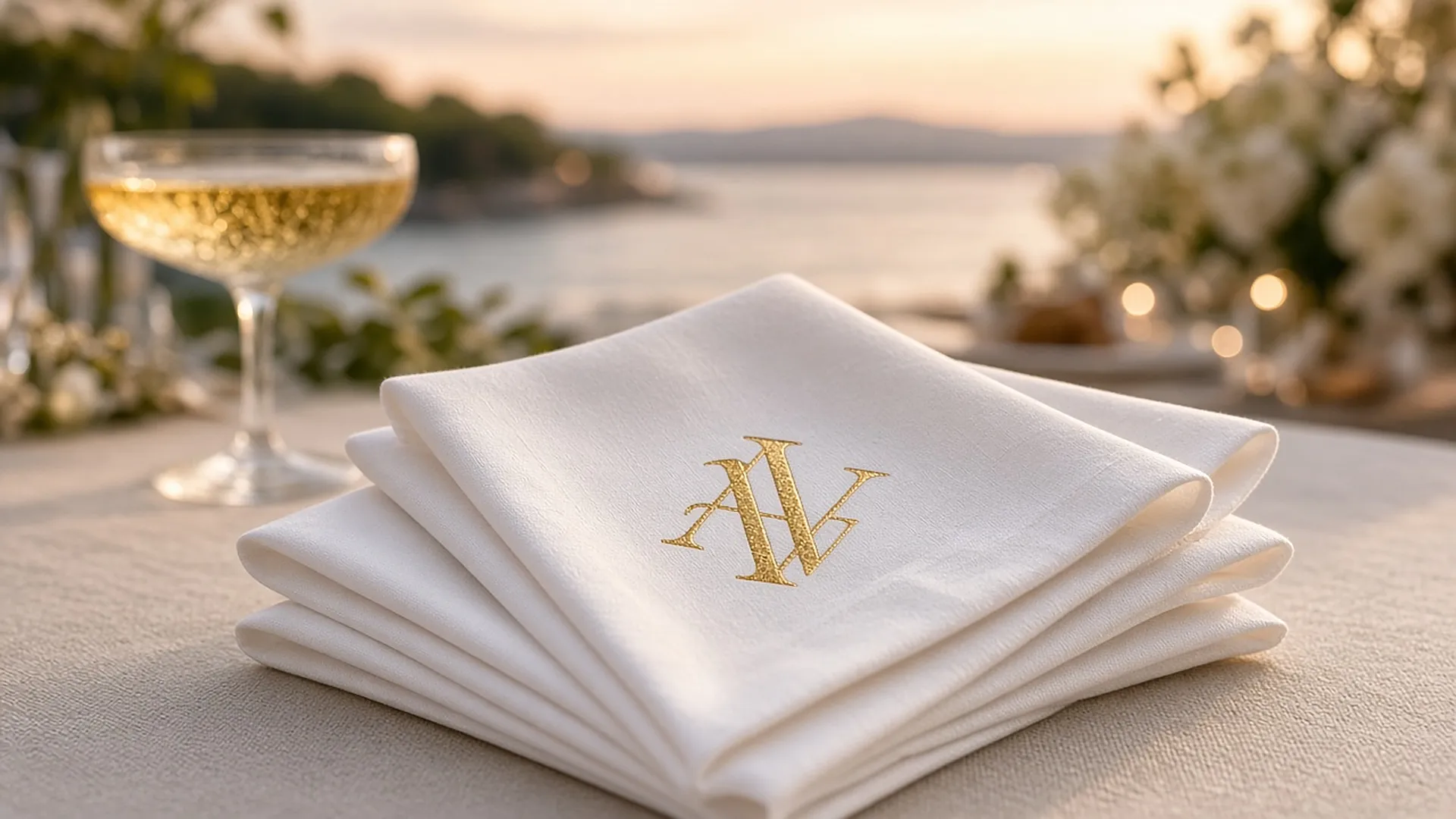 White cocktail napkins with a gold foil monogram on a waterfront party table at sunset